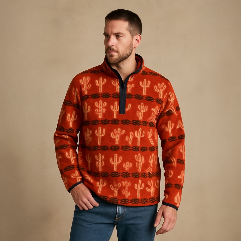 Wrangler Men Fleece Quarter Zip Pullover Cactus Southwest Aztec Orange Size M - Picture 1 of 7